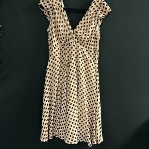 Vintage Style Polka Dot Midi Dress Large Beige Black Fit & Flare Cottagecore